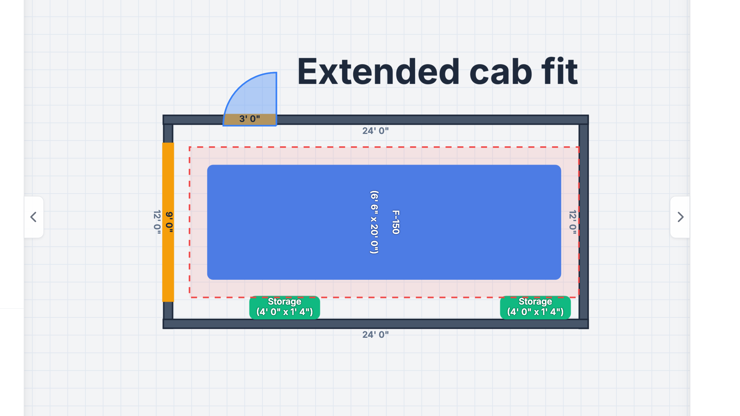 F-150 parked in a 12x24 single car garage with walkway clearances