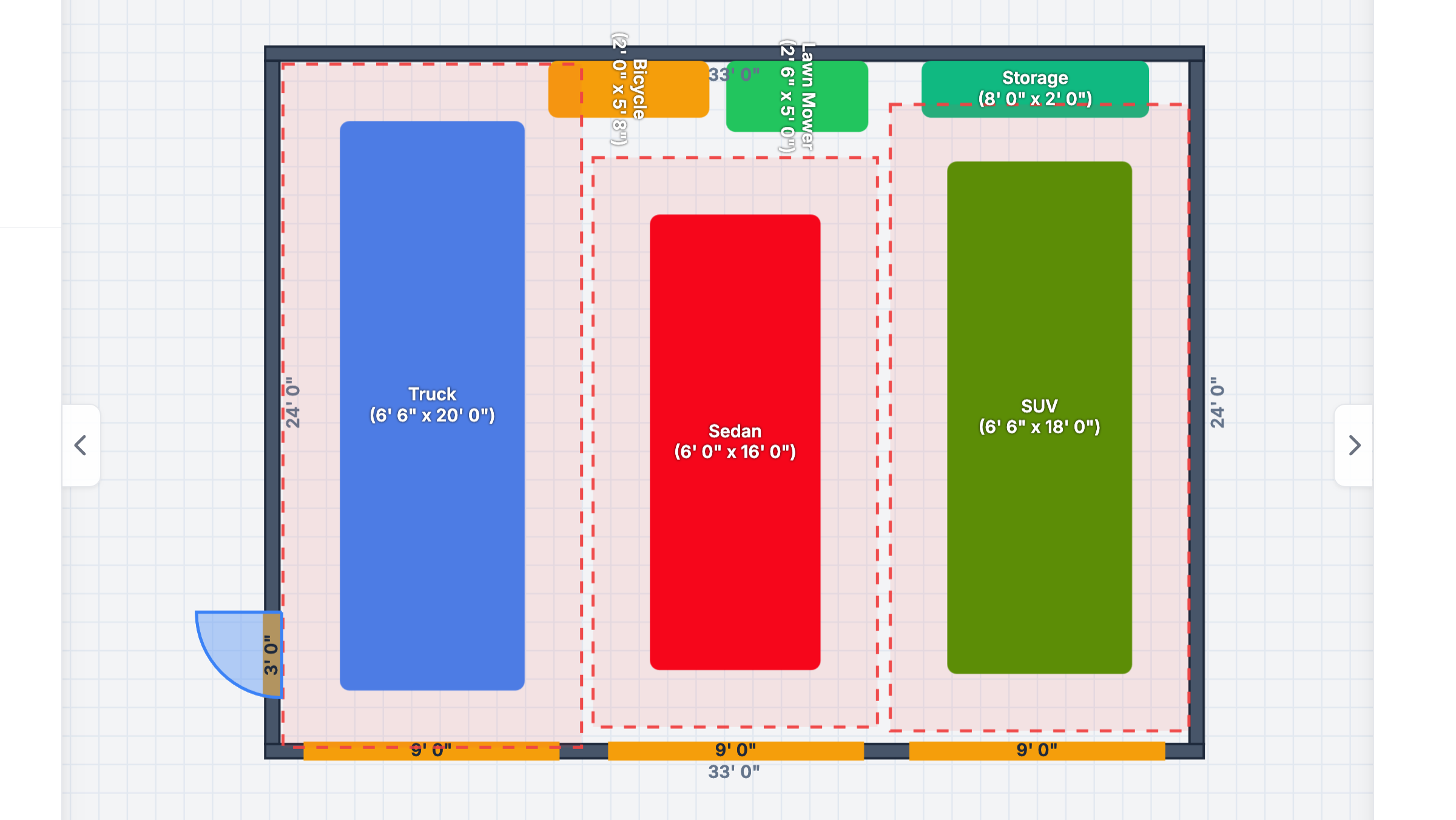 Three car garage layout with truck, SUV, and sedan showing door swing arcs