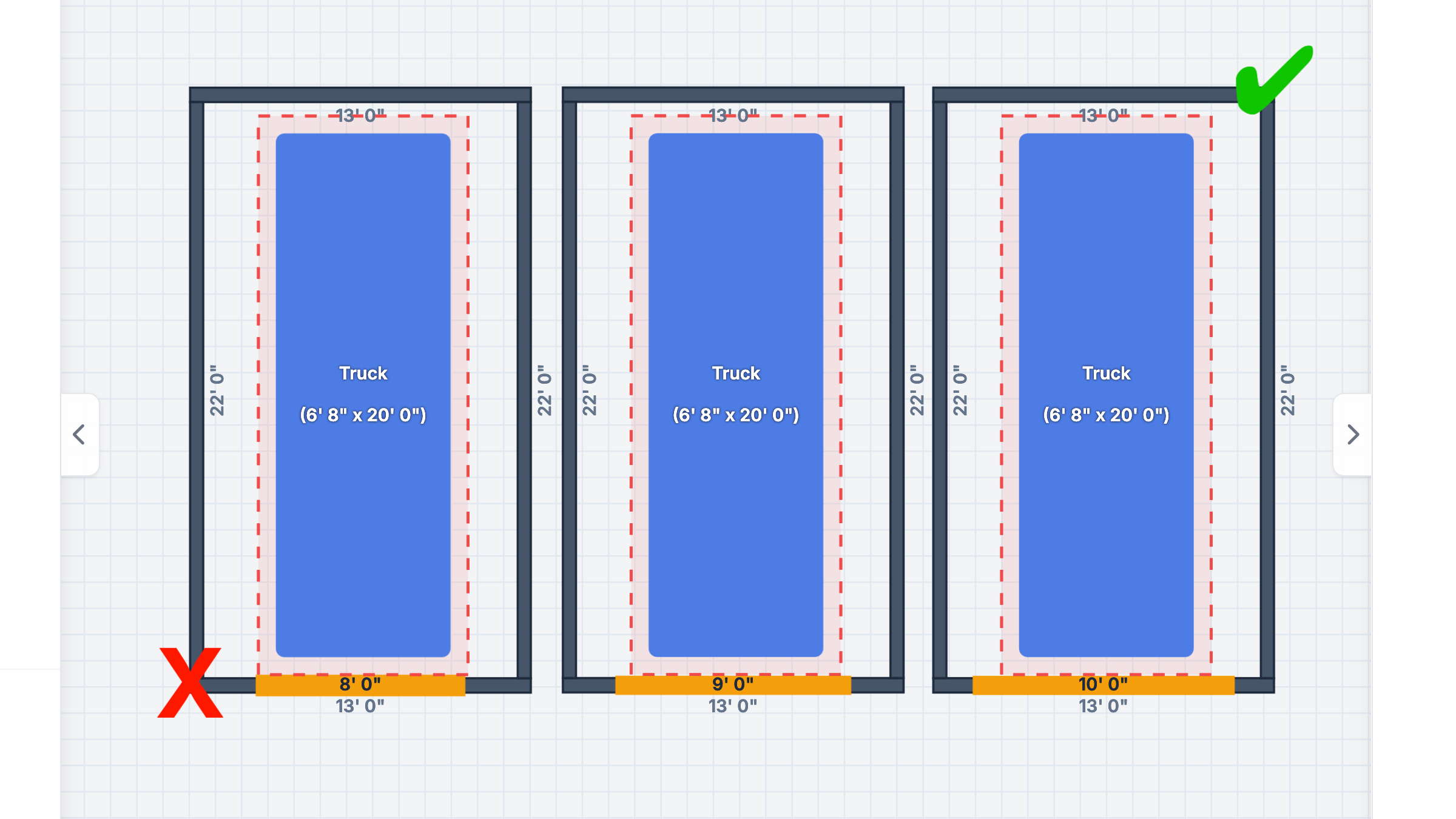 Garage door sizing diagram showing 8, 9, and 10 foot doors over an 80 inch truck